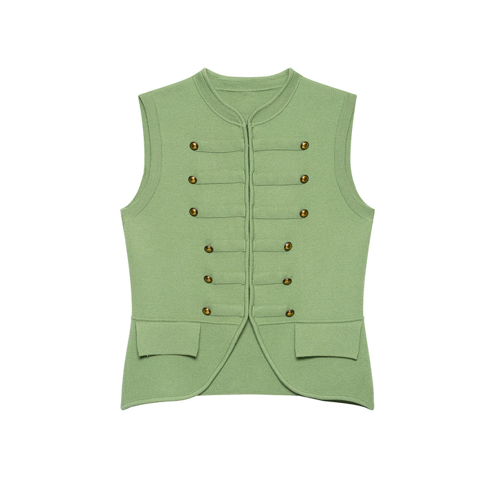 Women's Sleeveless Knitted Vest in Military Style with Decorative Metal Buttons and Patch Pockets Mune Fashion