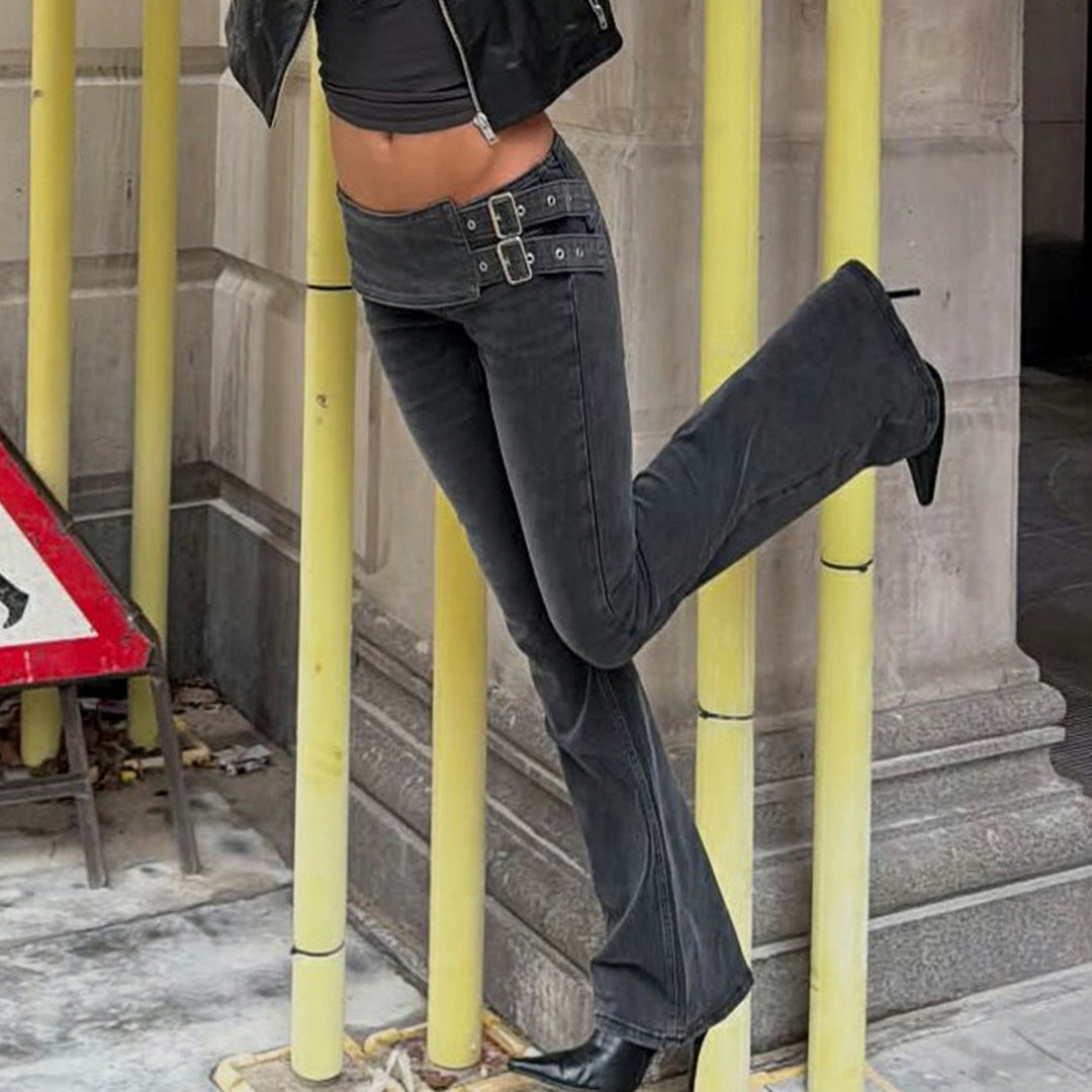 Women High-Waist Bootcut Jeans with Asymmetrical Waistband and Double Buckle Closure Mune Fashion