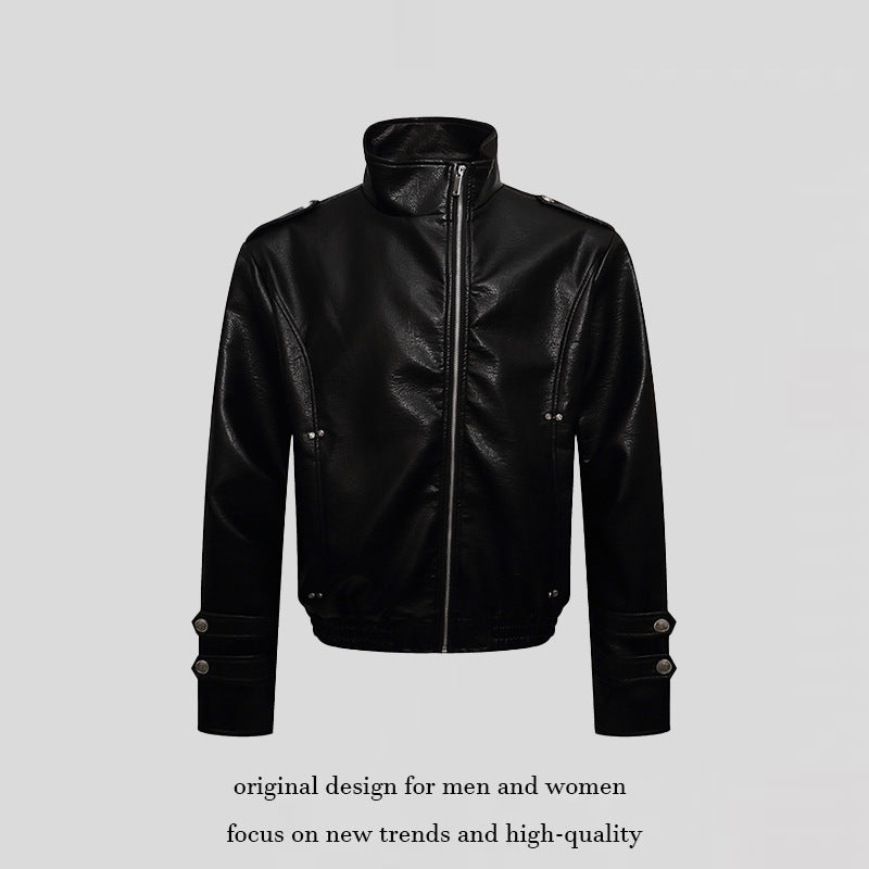 Men's short cut faux leather jacket with stand-up collar, zip front and decorative cuffs Mune Fashion