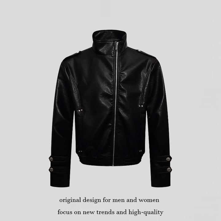 Men's short cut faux leather jacket with stand-up collar, zip front and decorative cuffs Mune Fashion