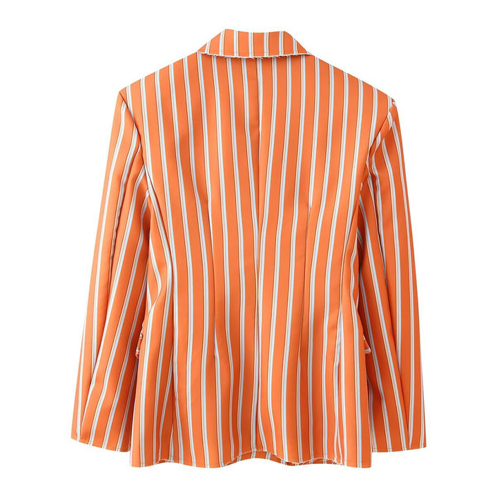 Women Double-breasted Stripe Blazer with Distinctive Lapels and Flap Pockets Mune Fashion