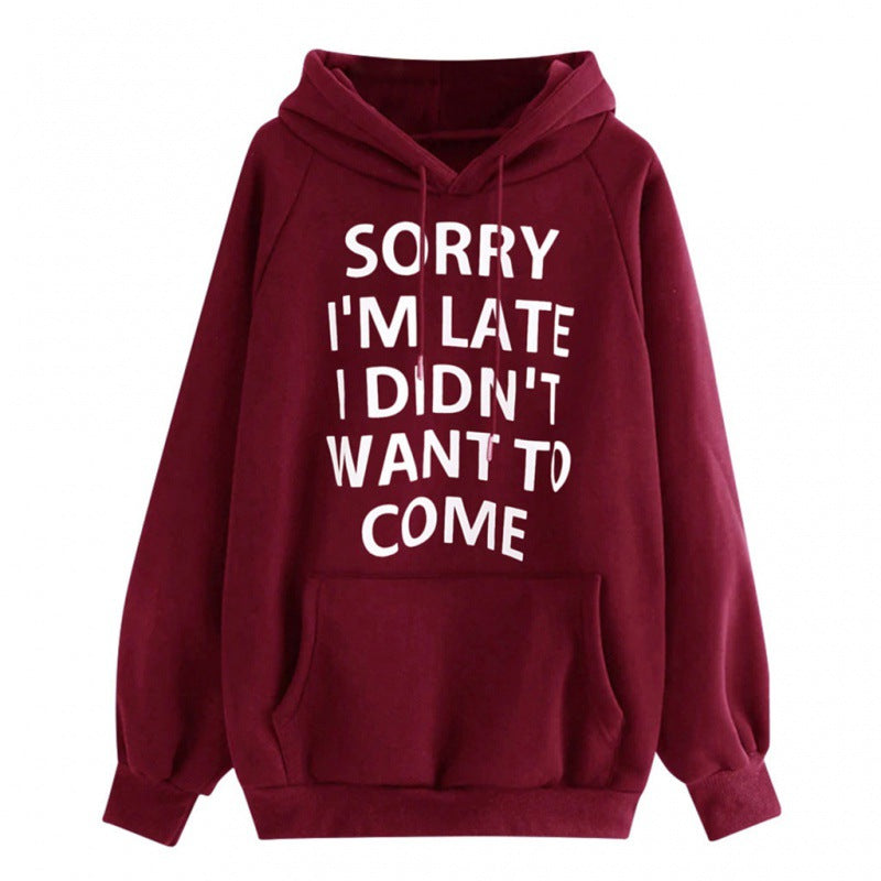 Women Loose Hoodie with Statement Print, Kangaroo Pocket and Raglan Sleeves Mune Fashion