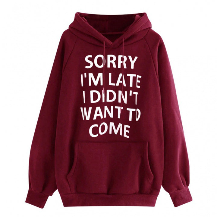 Women Loose Hoodie with Statement Print, Kangaroo Pocket and Raglan Sleeves Mune Fashion