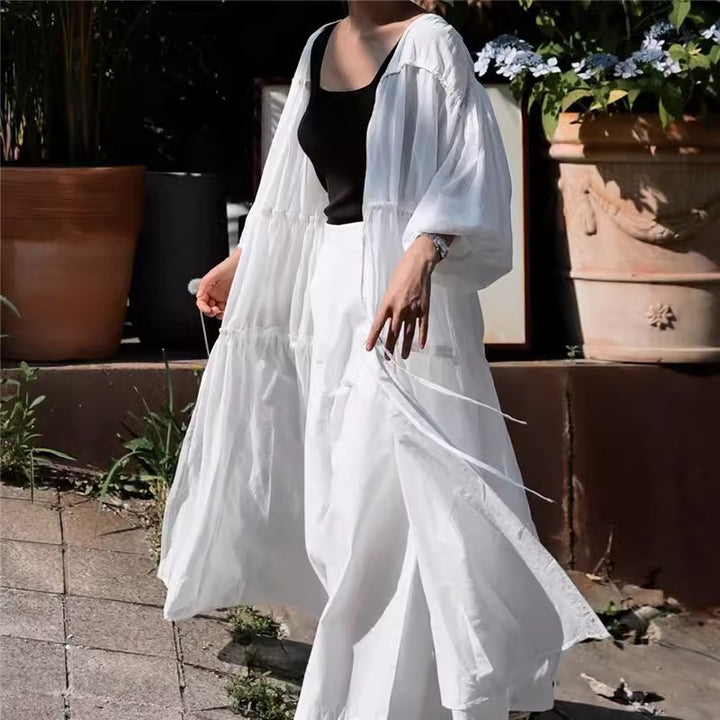 Women Long Layered Tunic Dress made of lightweight cotton blend with side slits and balloon sleeves Mune Fashion