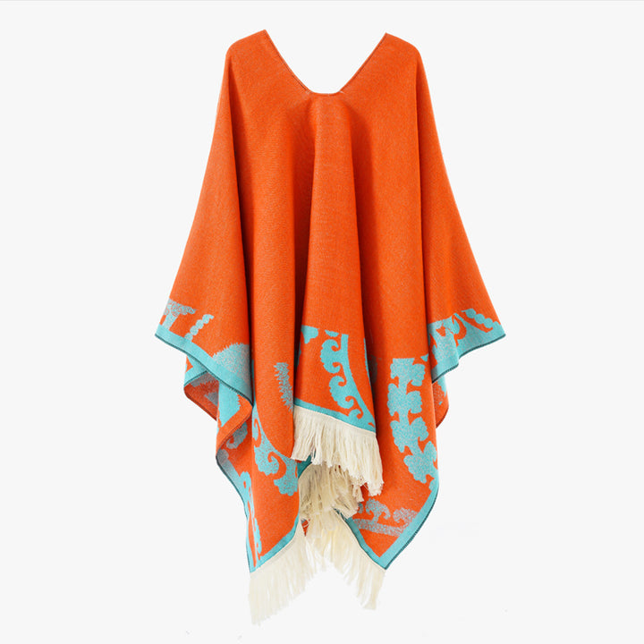 Women's wool blend medallion poncho with V-neck and fringe hem Mune Fashion