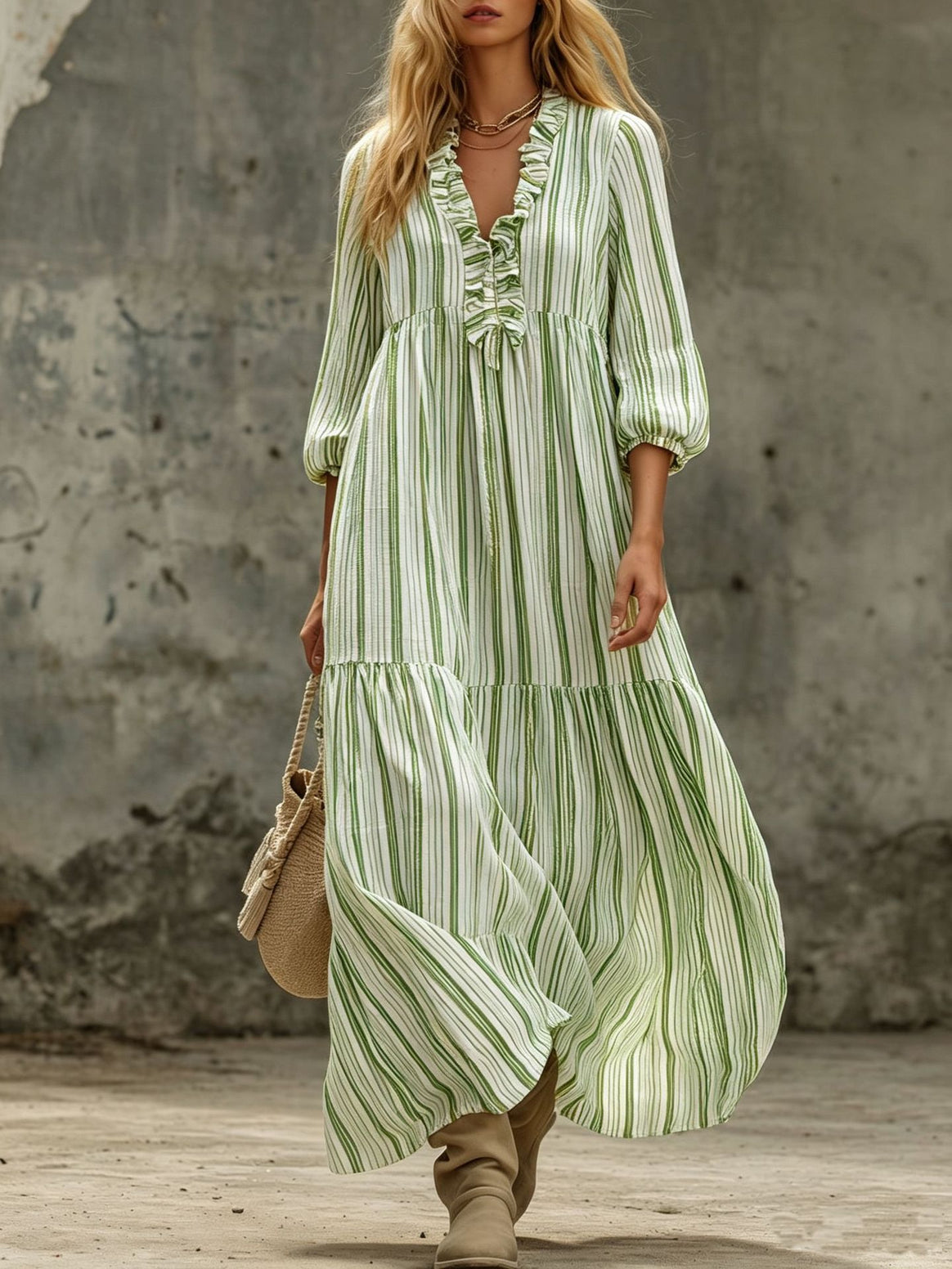 Women's Maxi Dress with Ruffle V-Neck and Balloon Sleeves Mune Fashion