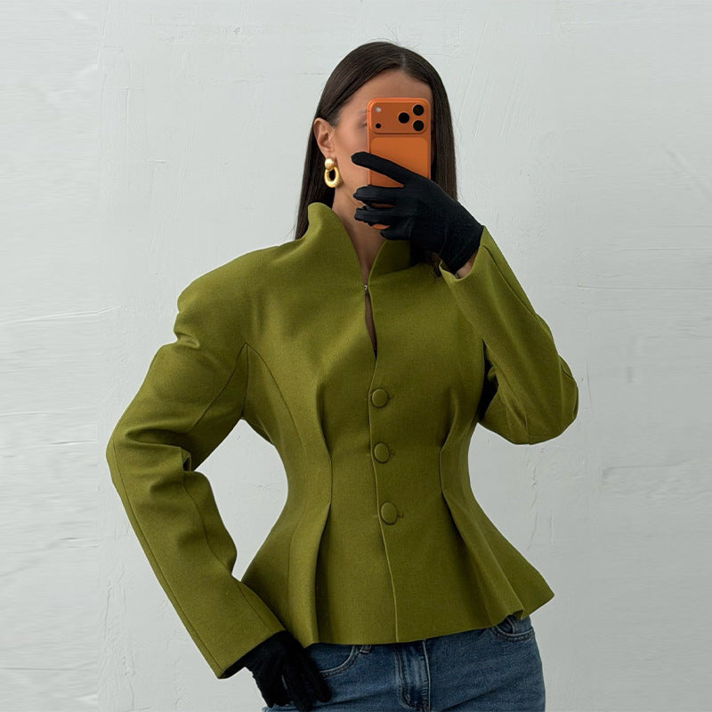 Women's Tailored Collarless Blazer Jacket with Concealed Button Placket and Figure-Hugging Darts Mune Fashion