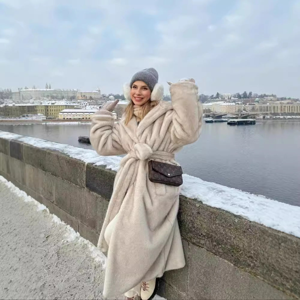 Women Longer Teddy Faux Fur Coat with Tie Belt and Oversized Silhouette Mune Fashion