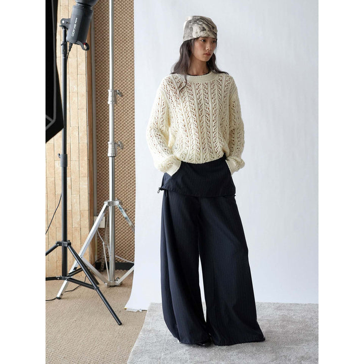 Women Wide Pinstripe Pants with Overlay and Drawstring Mune Fashion