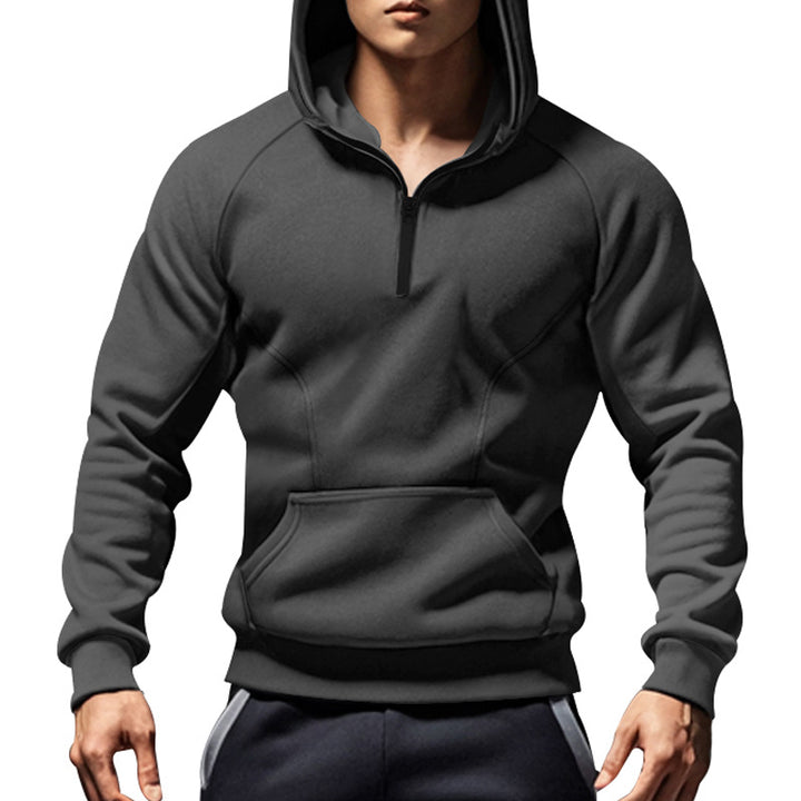 Men's casual hooded sweatshirt with short front zipper, ergonomic raglan cut, and kangaroo pocket Mune Fashion