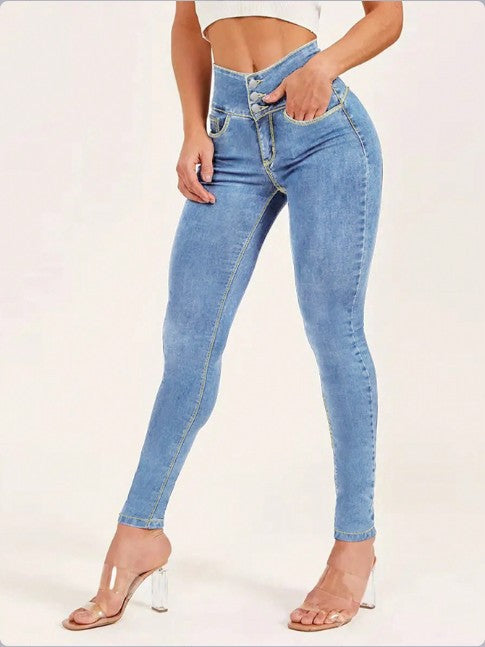 Women High-Waist Sculpting-Skinny-Jeans with waist-shaping V-waistband and double-button closure Mune Fashion
