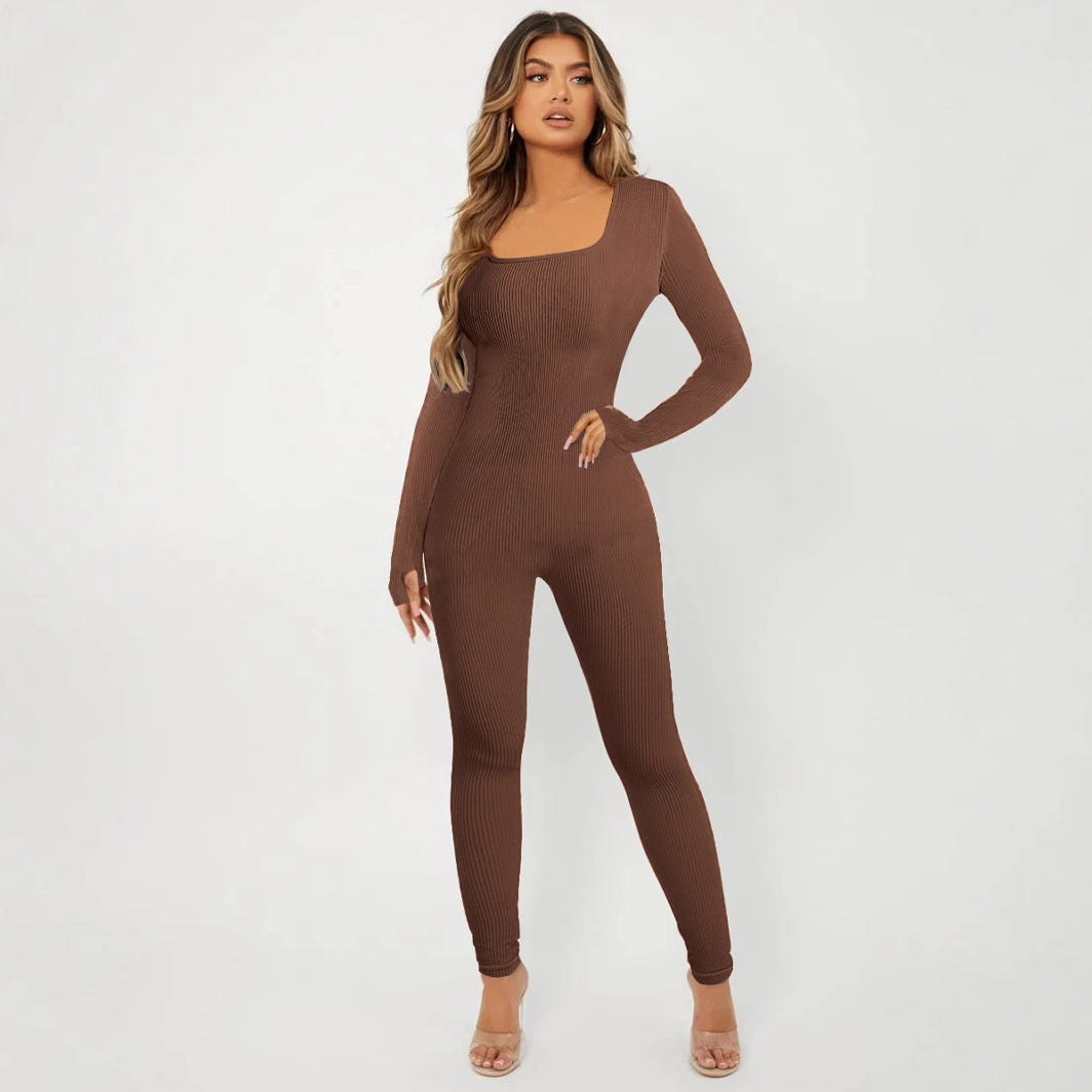 Women's Ribbed Skinny Jumpsuit with Square Neckline, Long Sleeves and Thumbhole Mune Fashion