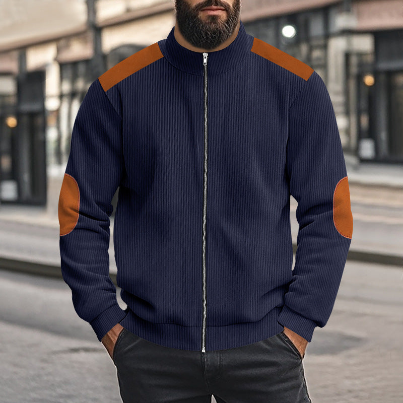 Men's nan cord jacket with zipper stand-up collar and elbow patches Mune Fashion