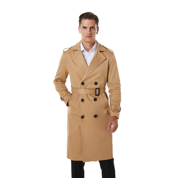 Men's Knee-Length Trench Coat in Classic Double-Breasted with Shoulder Straps and Waist Belt Mune Fashion