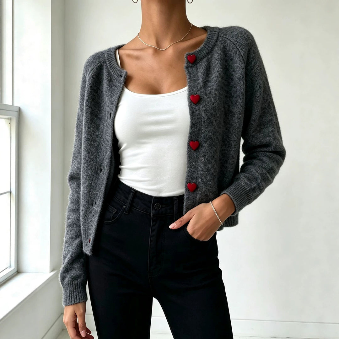 Women's knit cardigan with heart-shaped decorative buttons and soft mohair look Mune Fashion