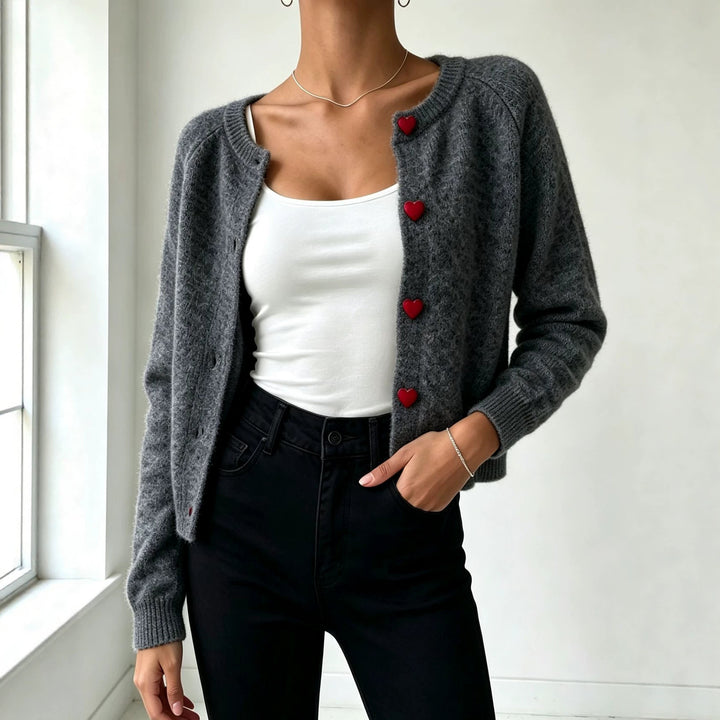 Women's knit cardigan with heart-shaped decorative buttons and soft mohair look Mune Fashion