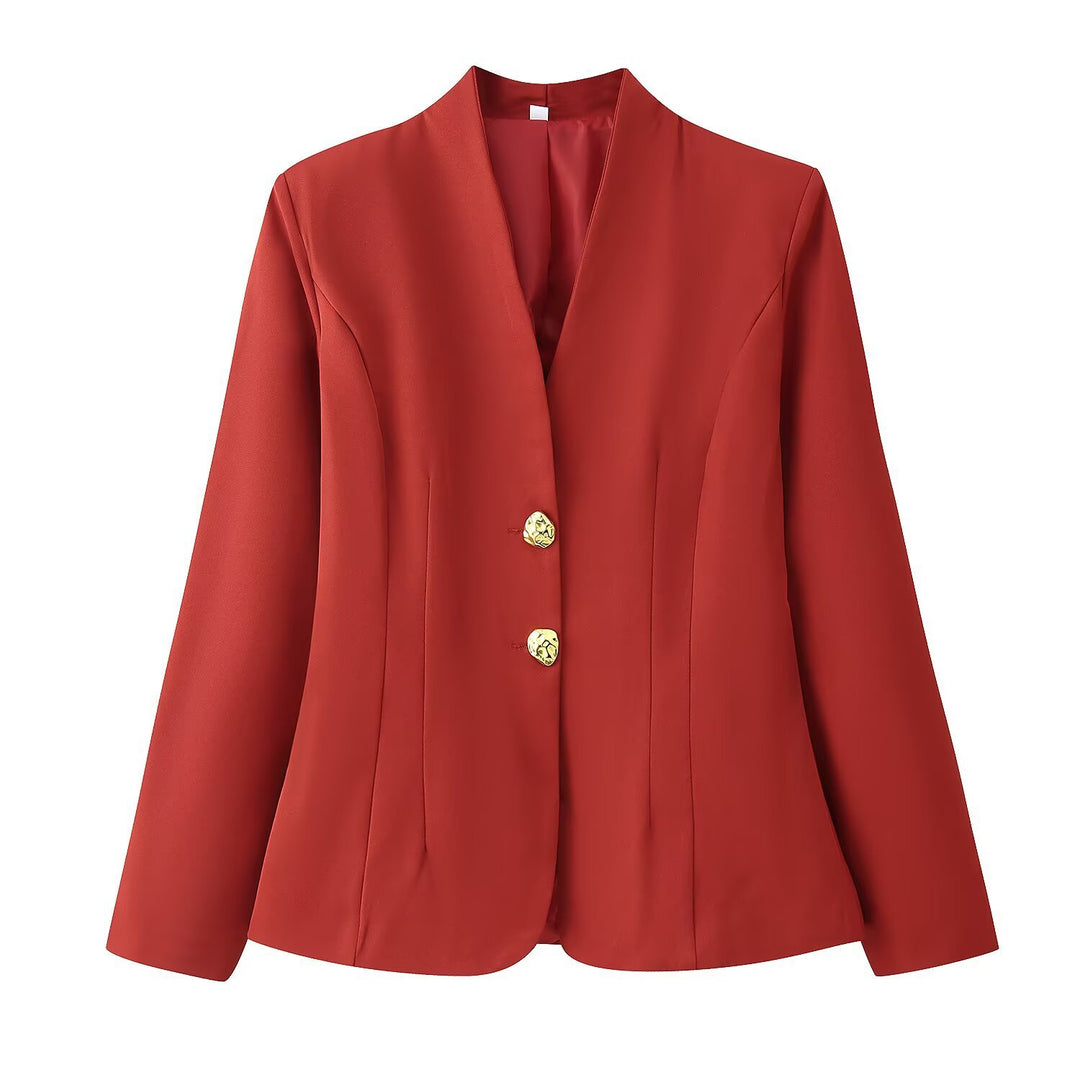 Women Tailored Blazer with V‑Neck, Seamless Silhouette and Decorative Buttons Mune Fashion