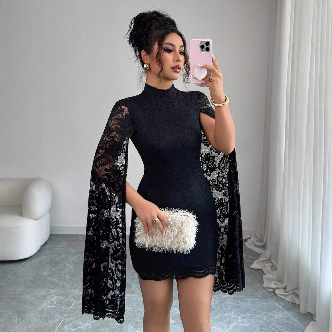 Women's fitted lace mini dress with high stand-up collar and dramatic cape sleeves Mune Fashion