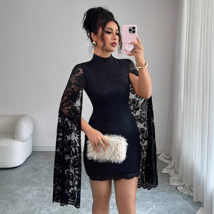 Women's fitted lace mini dress with high stand-up collar and dramatic cape sleeves Mune Fashion