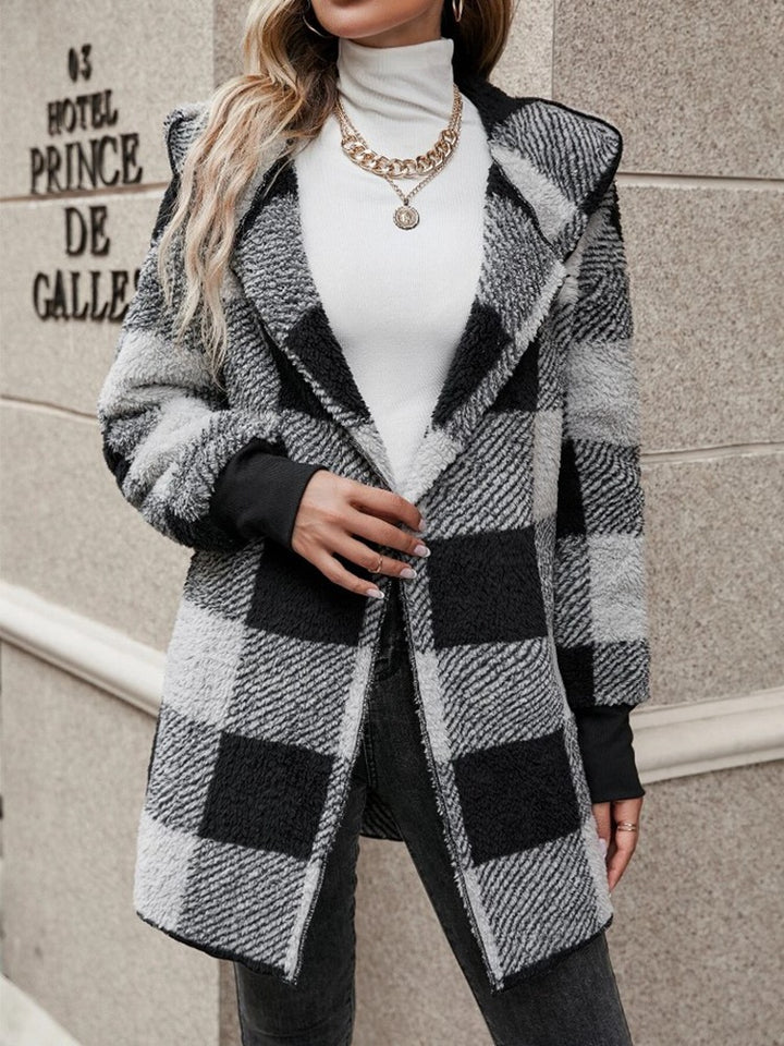 Women's checked teddy coat with large lapel collar and ribbed cuffs Mune Fashion