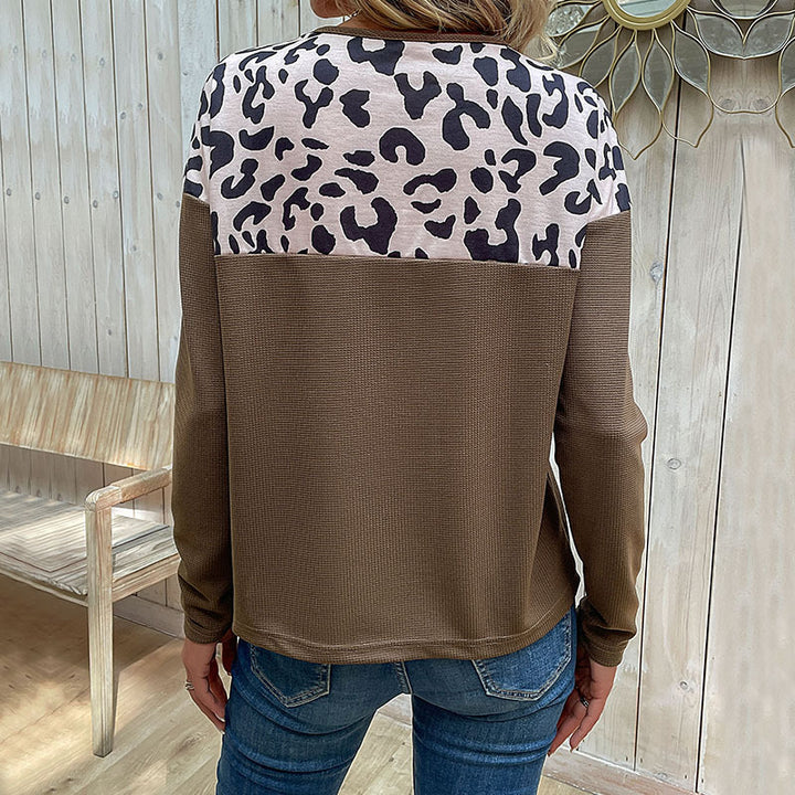 Women's Long Sleeve Waffle Shirt with Leopard Shoulder Yoke and Button Placket Mune Fashion