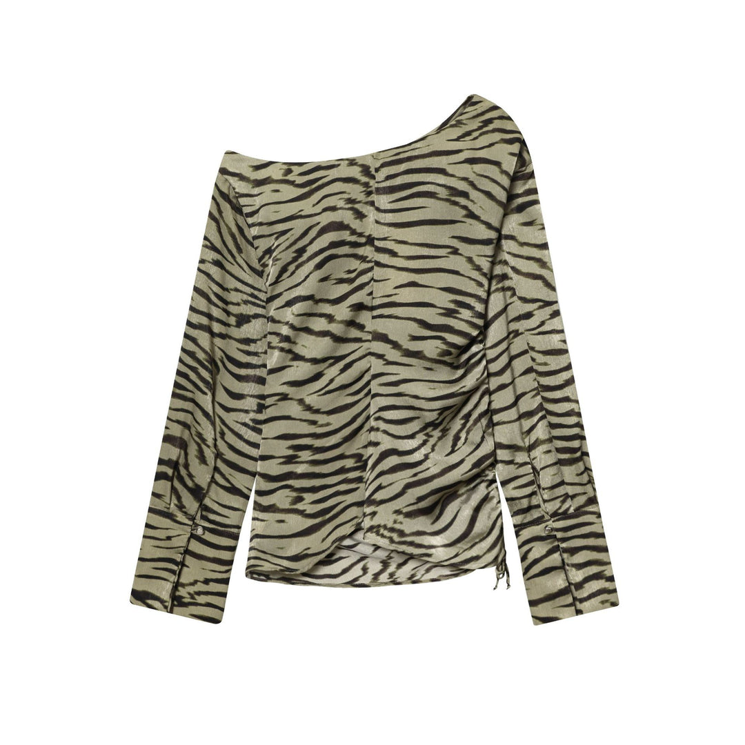 Women's draped long sleeve top with waterfall collar, side gathering, and drawstring Mune Fashion