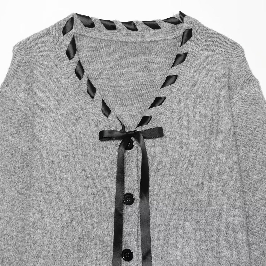 Women's Fine Knit Cardigan with V-Neck and Satin Band Trim Mune Fashion