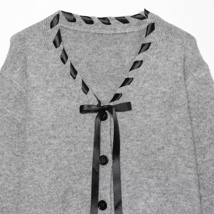 Women's Fine Knit Cardigan with V-Neck and Satin Band Trim Mune Fashion