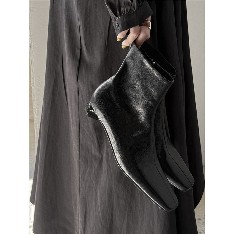 Women's Elegant Leather Ankle Boots with Square Toe Shape, Short Sculpted Heel, and Inside Zipper Mune Fashion