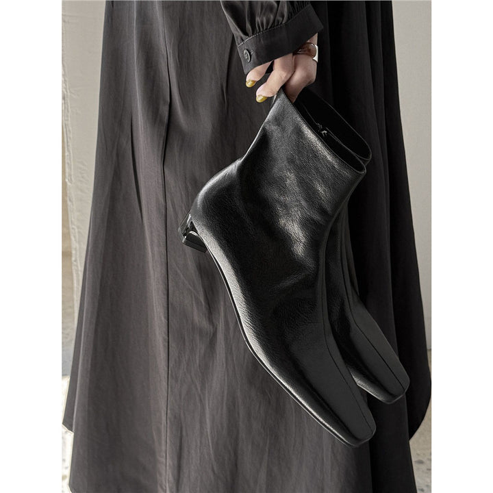 Women's Elegant Leather Ankle Boots with Square Toe Shape, Short Sculpted Heel, and Inside Zipper Mune Fashion