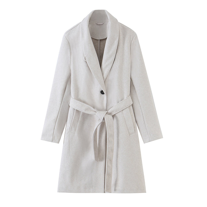 Women's Midi-Length Wool Blend Coat with Shawl Collar and Tie Belt Mune Fashion