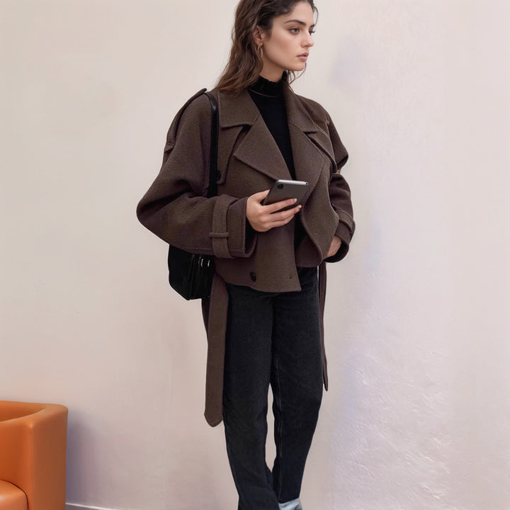 Women Short Wool Coat with Oversized Collar, Double-Breasted Button Placket and Tie Belt Mune Fashion