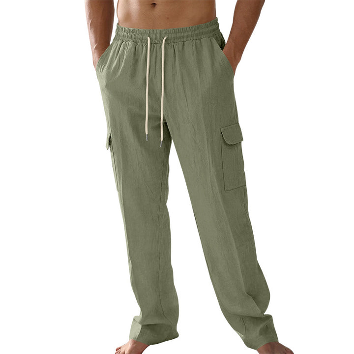 Men's loose linen cargo pants with elastic drawstring waistband and patch flap pockets Mune Fashion