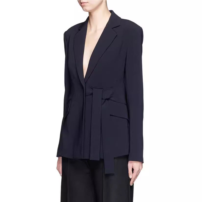 Ladies' shawl collar wrap blazer with side knot tie and patch pockets Mune Fashion