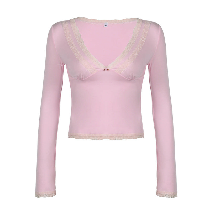 Women's tailored long sleeve crop top with deep V-neck, delicate lace trim and supportive underbust seam Mune Fashion