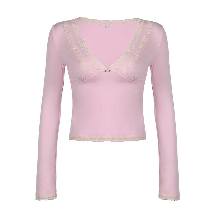 Women's tailored long sleeve crop top with deep V-neck, delicate lace trim and supportive underbust seam Mune Fashion