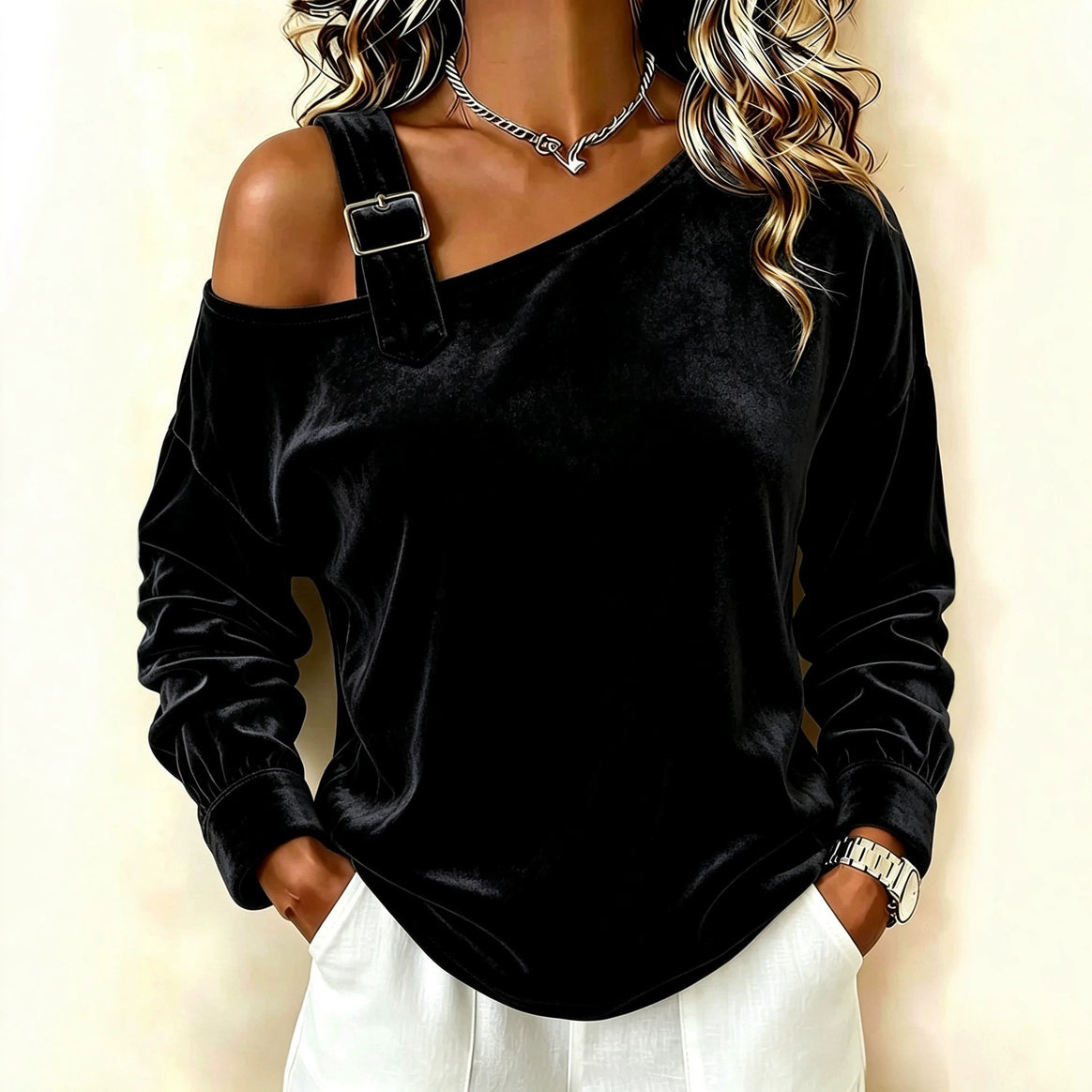 Women's velvet sweatshirt with asymmetric Carmen neckline and decorative buckle Mune Fashion