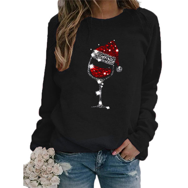 Women's Christmas Sweatshirt with Sequin Wine Glass and Round Neckline Mune Fashion