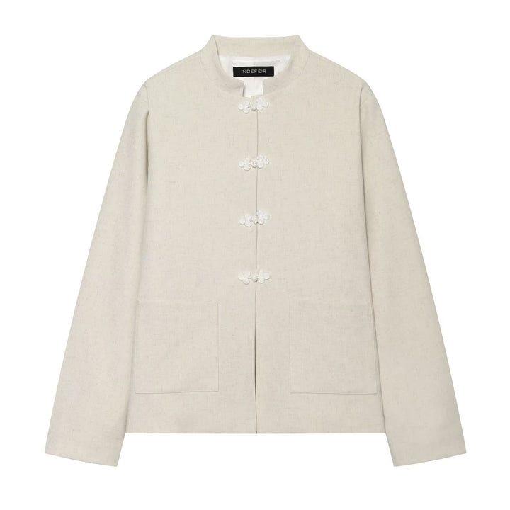 Women Boxy-Cropped Linen Jacket with Stand-Up Collar and Frog Closures Drune