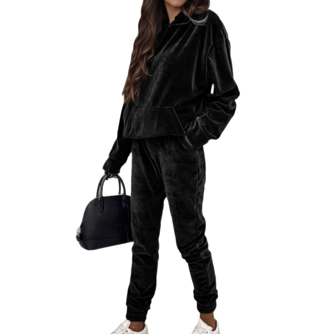 Women's Velvet Tracksuit with Hooded Hoodie, Kangaroo Pocket and Elastic Cuff Pants Mune Fashion