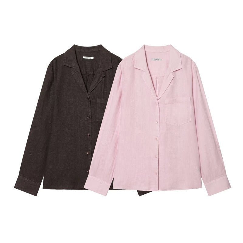 Women Loose Linen Look Shirt with Notched Collar and Chest Pocket Mune Fashion