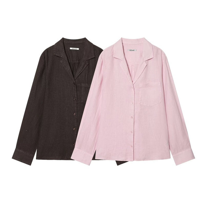 Women Loose Linen Look Shirt with Notched Collar and Chest Pocket Mune Fashion
