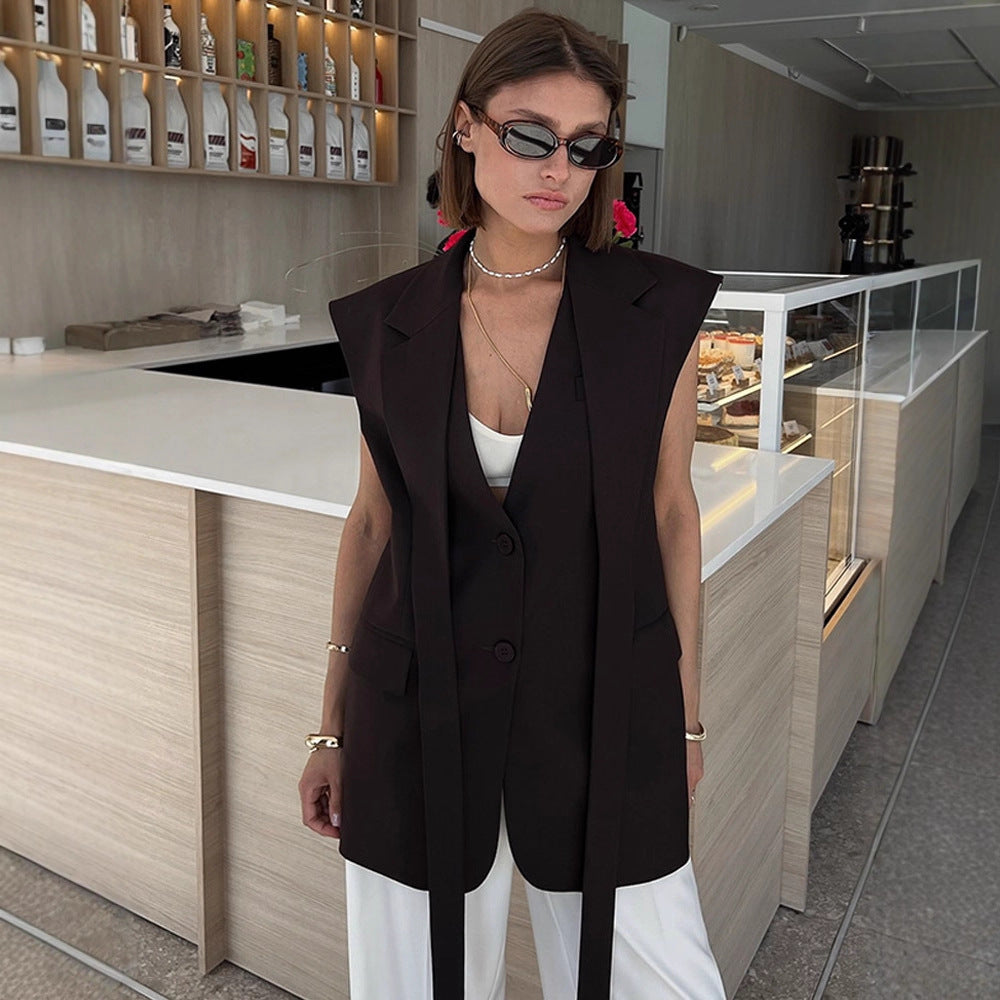 Women Sleeveless Long Blazer Vest with Structured Shoulders and Long Ties Mune Fashion