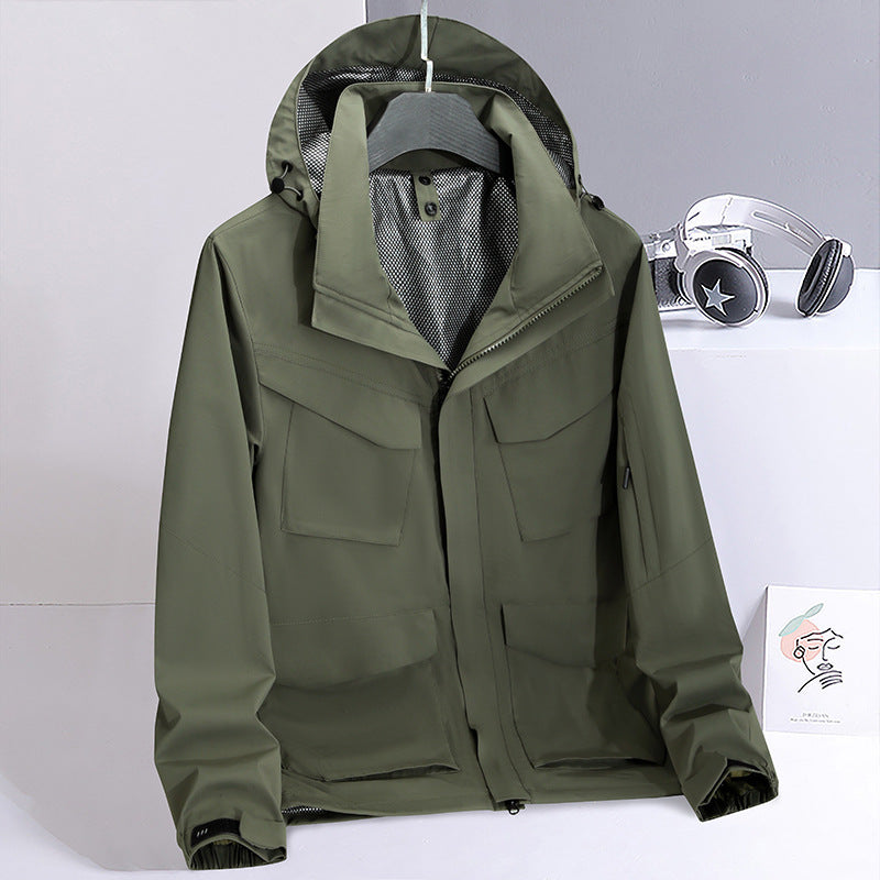 Men Water-Repellent Field Utility Jacket with Hood and Multiple Pockets Mune Fashion