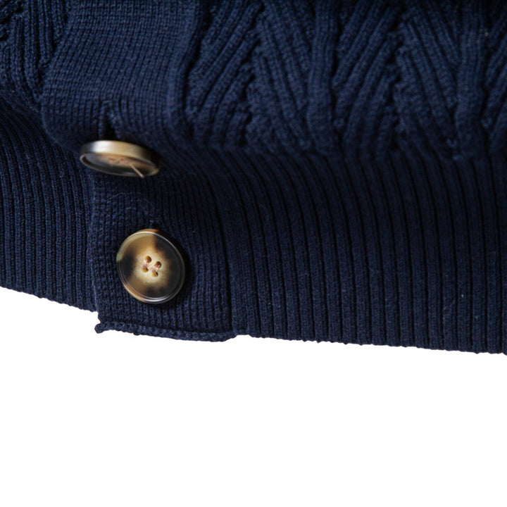 Men's Fine Knit Button Cardigan with Cable Pattern and Stand-Up Collar Mune Fashion