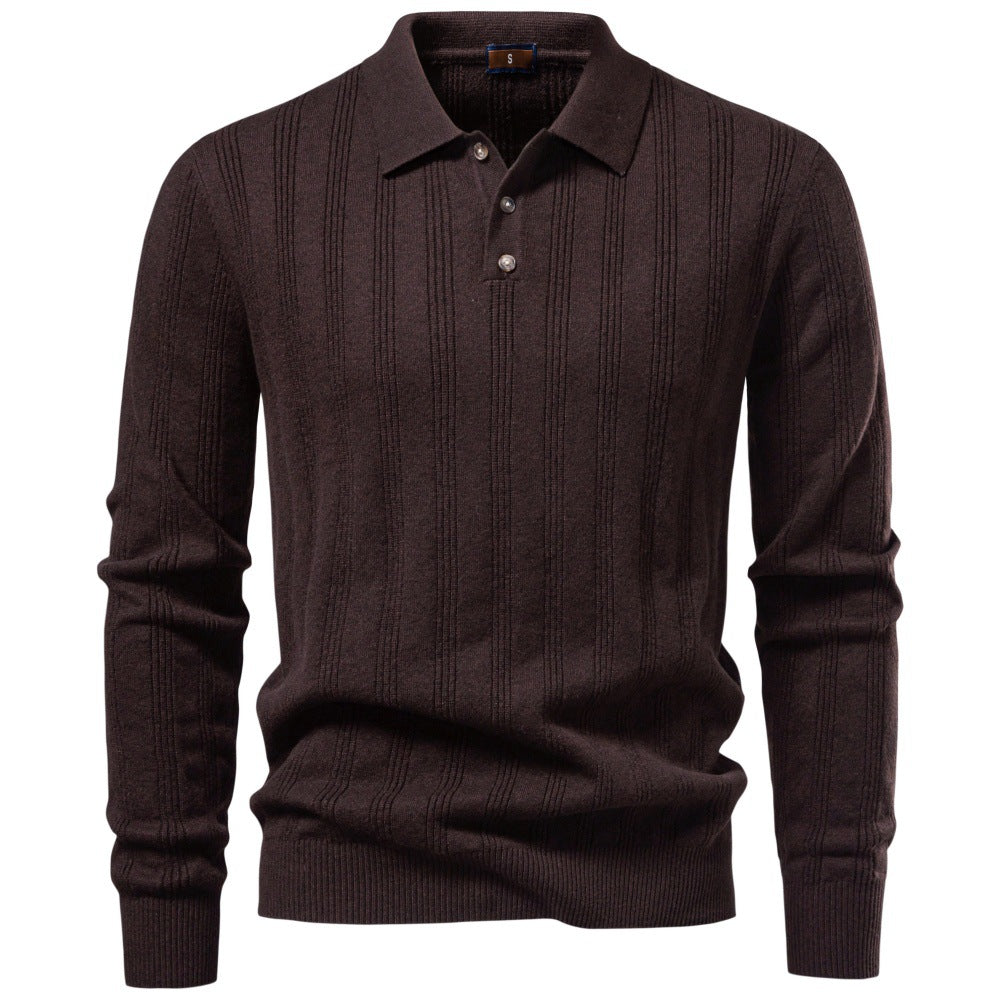 Men's Long Sleeve Fine Knit Polo Shirt with Textured Stripes and Ribbed Hem Mune Fashion