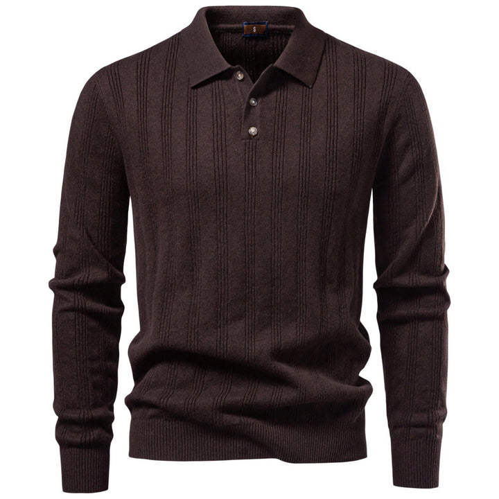 Men's Long Sleeve Fine Knit Polo Shirt with Textured Stripes and Ribbed Hem Mune Fashion
