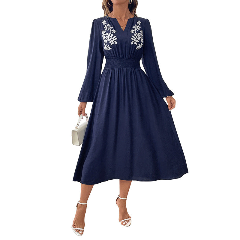 Ladies Elegant Midi Dress with Floral Embroidery Pattern Mune Fashion