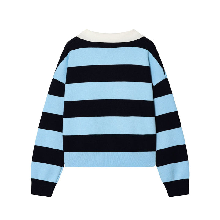 Women striped rugby pullover with polo collar, V-neck and boxy oversized silhouette Mune Fashion