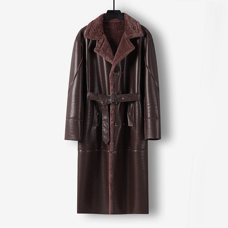 Men's Maxi Long Faux Leather Coat with Teddy Lining and Waist Belt Mune Fashion